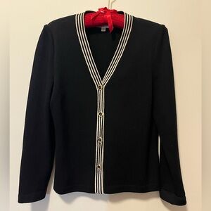 St. John Collection, black cardigan, white embroidered trim, Santana knit sz P